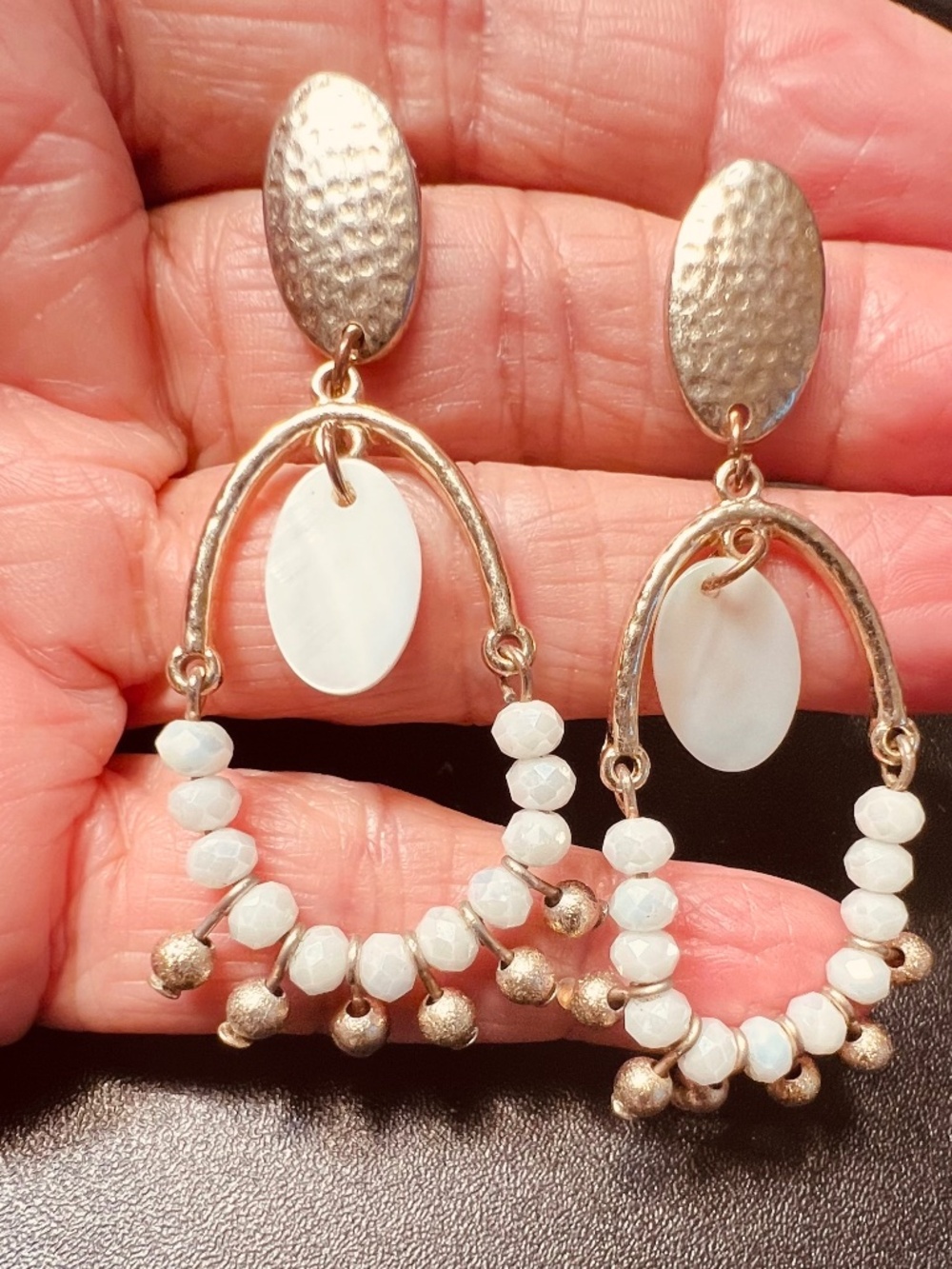 Boho Chic White Beaded Statement Earrings Trendy Gold Tone Dangles  Coastal